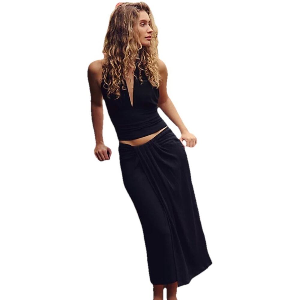 NWT Free People Black Midi Pencil Skirt with Draped Detail Size LARGE
